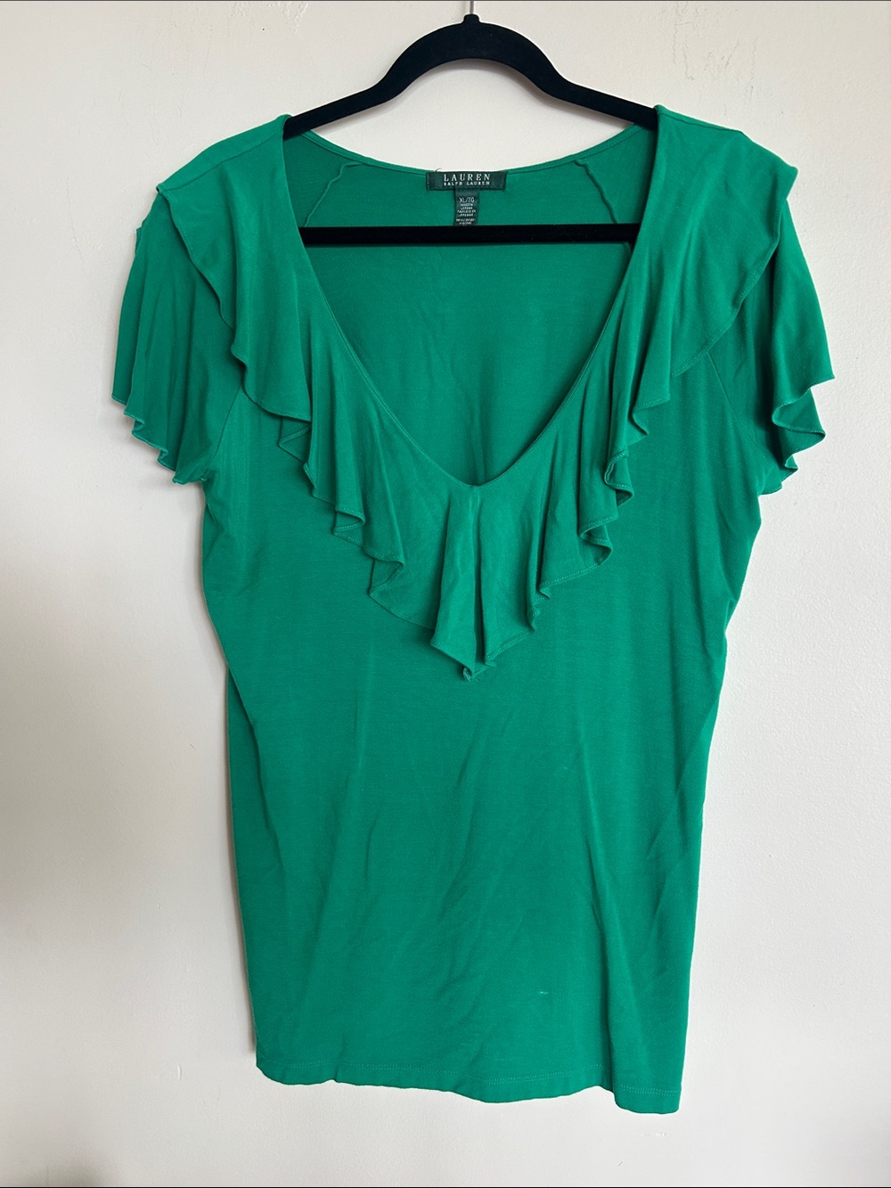 Lauren Ralph Lauren Emerald Green Ruffle V-Neck Short Sleeve Top